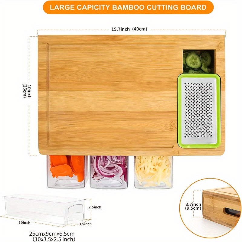 Bamboo Cutting Board with Storage Trays & Graters