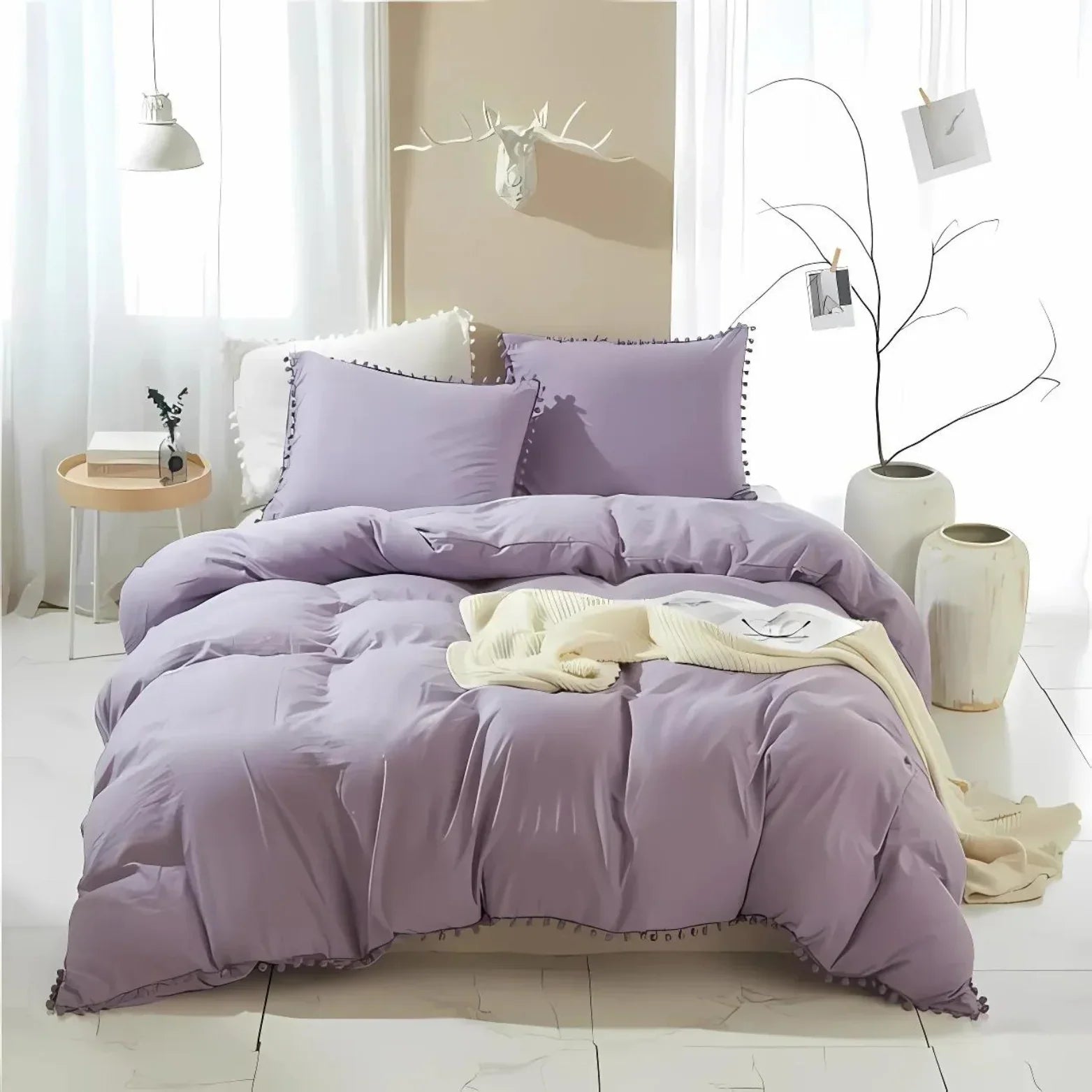 Pompom-Trim Quilt Cover Set