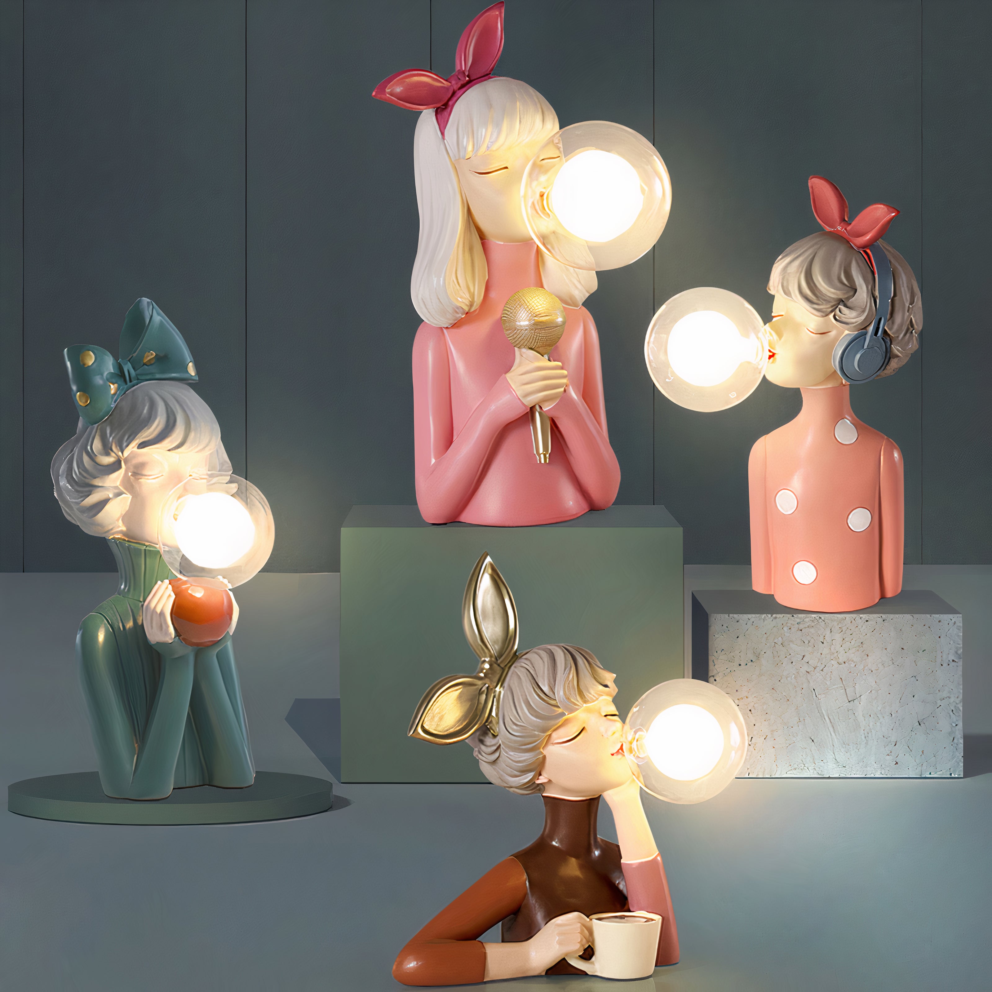 Wood & Glass Table Lamp with Fabric Shade