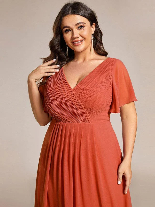 Plus Size Double V-Neck Chiffon Midi Wedding Guest Dress