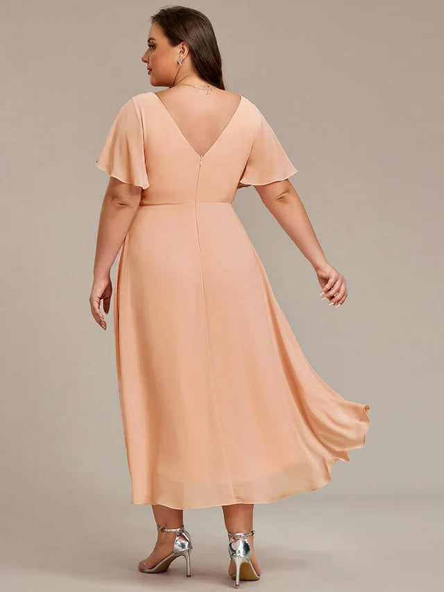 Plus Size Double V-Neck Chiffon Midi Wedding Guest Dress