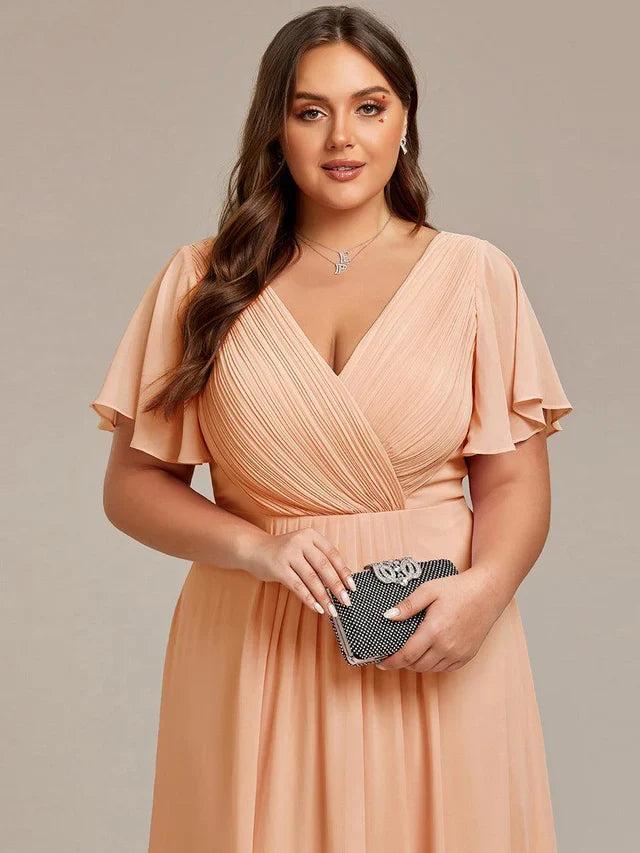 Plus Size Double V-Neck Chiffon Midi Wedding Guest Dress
