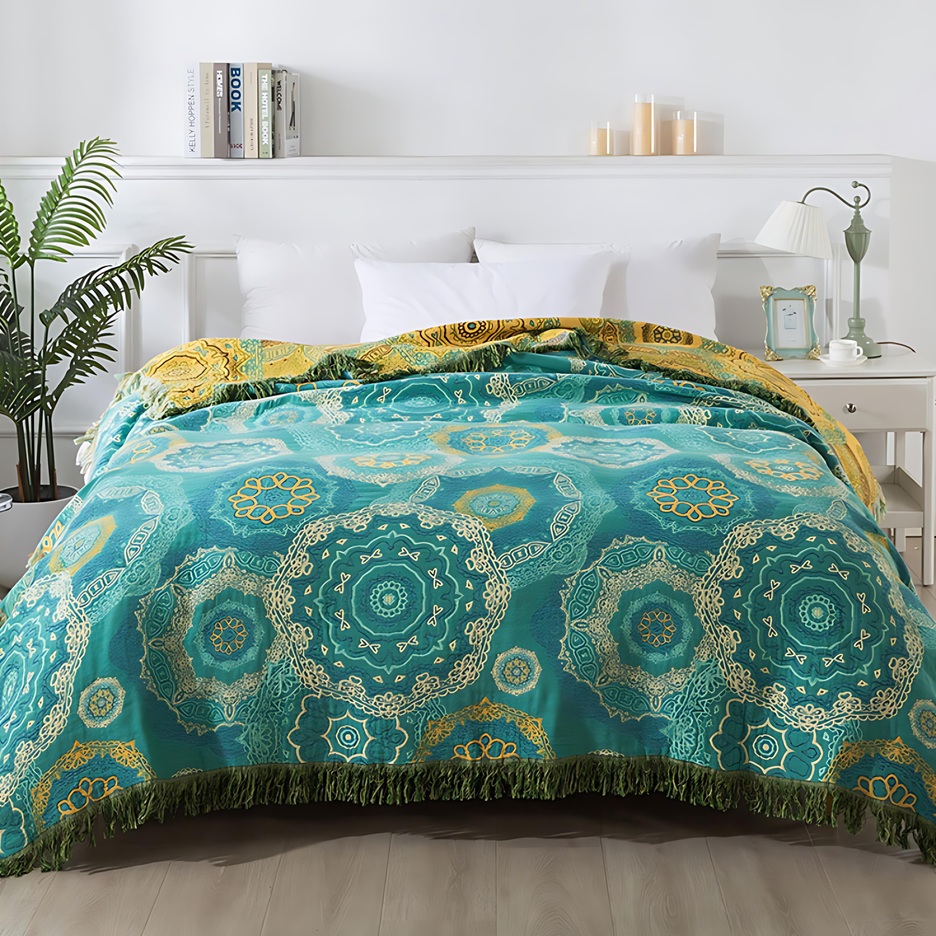 Boho Teal & Gold Cotton Blanket