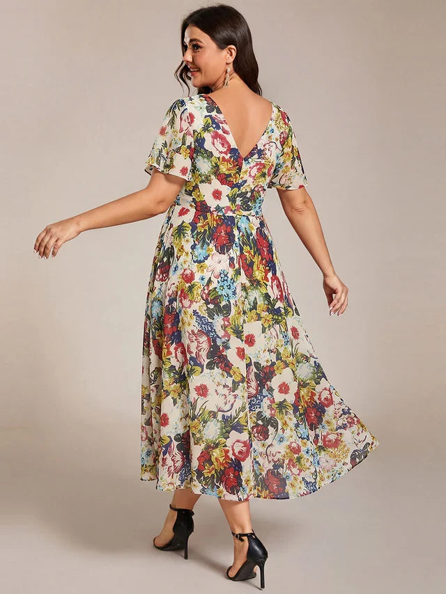 Plus Size Double V-Neck Chiffon Midi Wedding Guest Dress