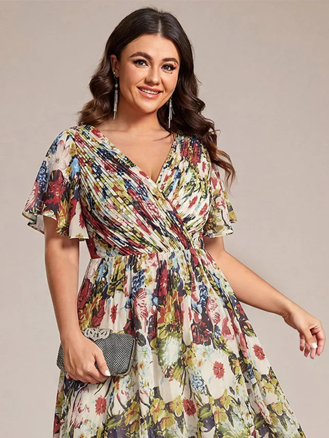 Plus Size Double V-Neck Chiffon Midi Wedding Guest Dress