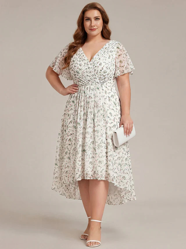 Plus Size Double V-Neck Chiffon Midi Wedding Guest Dress