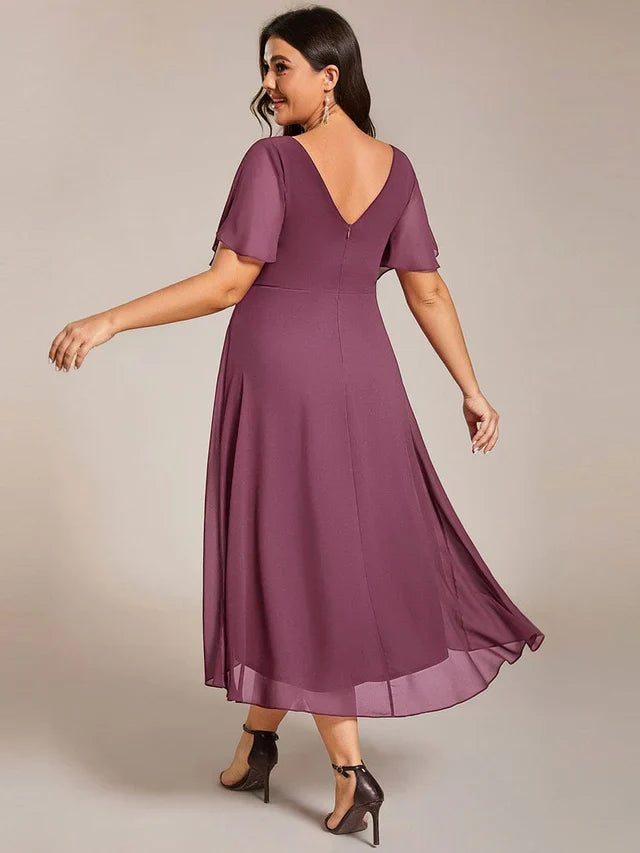 Plus Size Double V-Neck Chiffon Midi Wedding Guest Dress