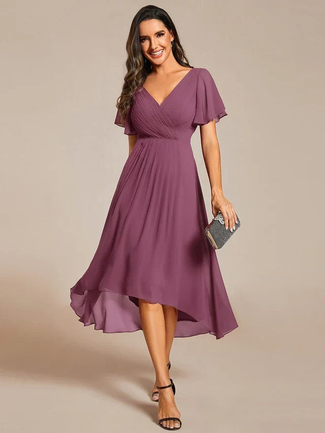 Plus Size Double V-Neck Chiffon Midi Wedding Guest Dress