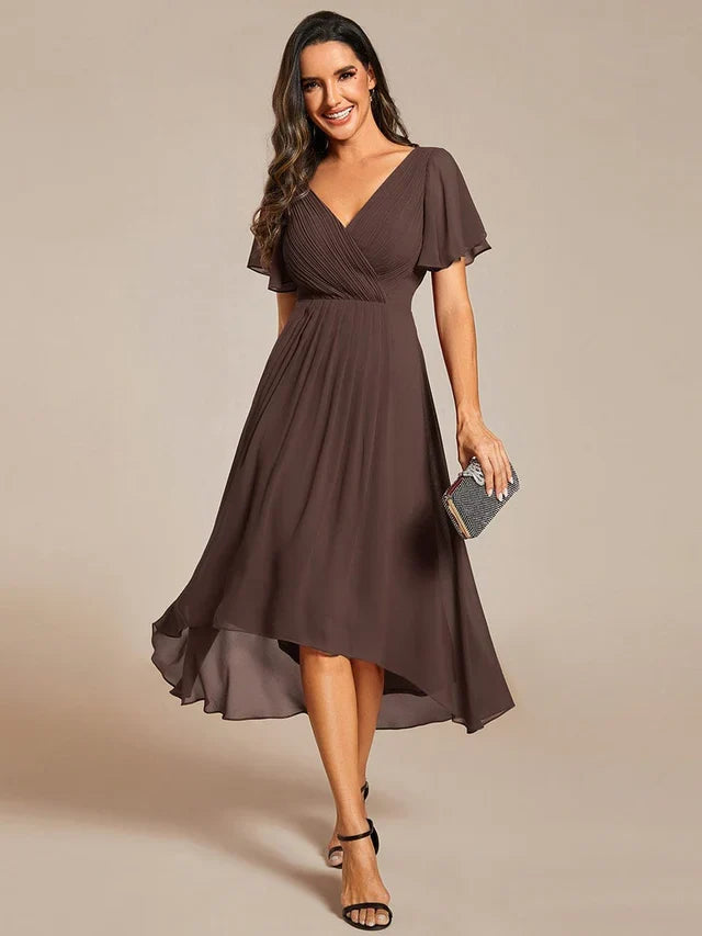 Plus Size Double V-Neck Chiffon Midi Wedding Guest Dress