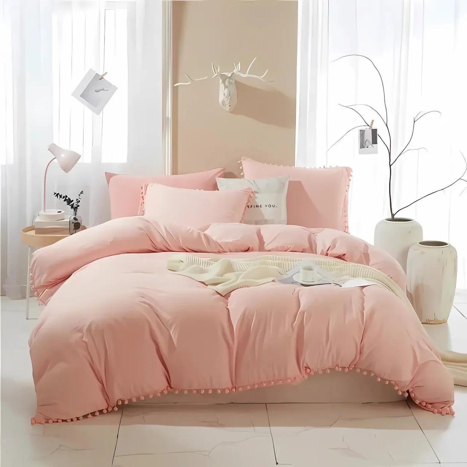 Pompom-Trim Quilt Cover Set