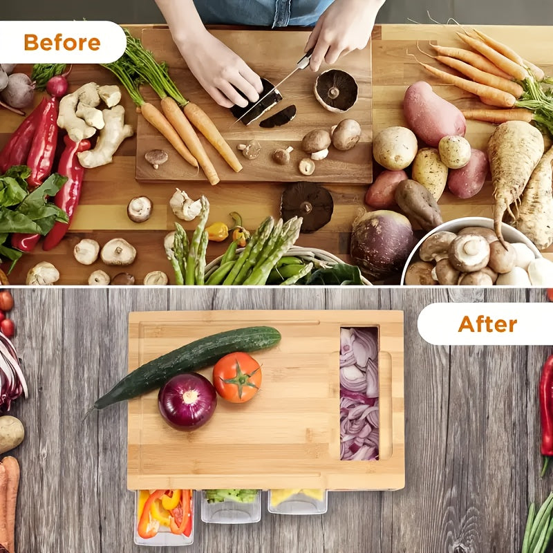 Bamboo Cutting Board with Storage Trays & Graters