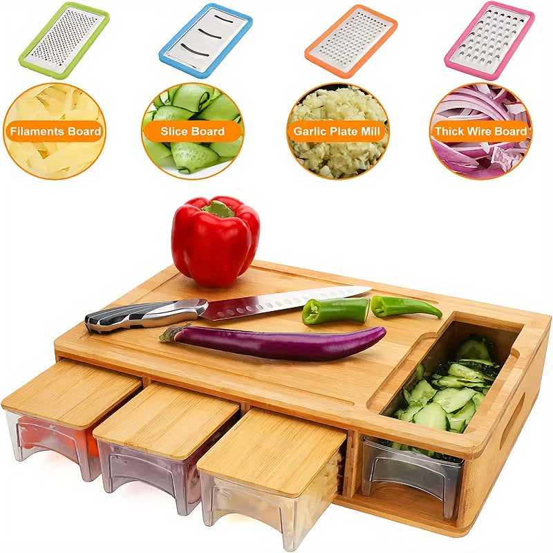 Bamboo Cutting Board with Storage Trays & Graters