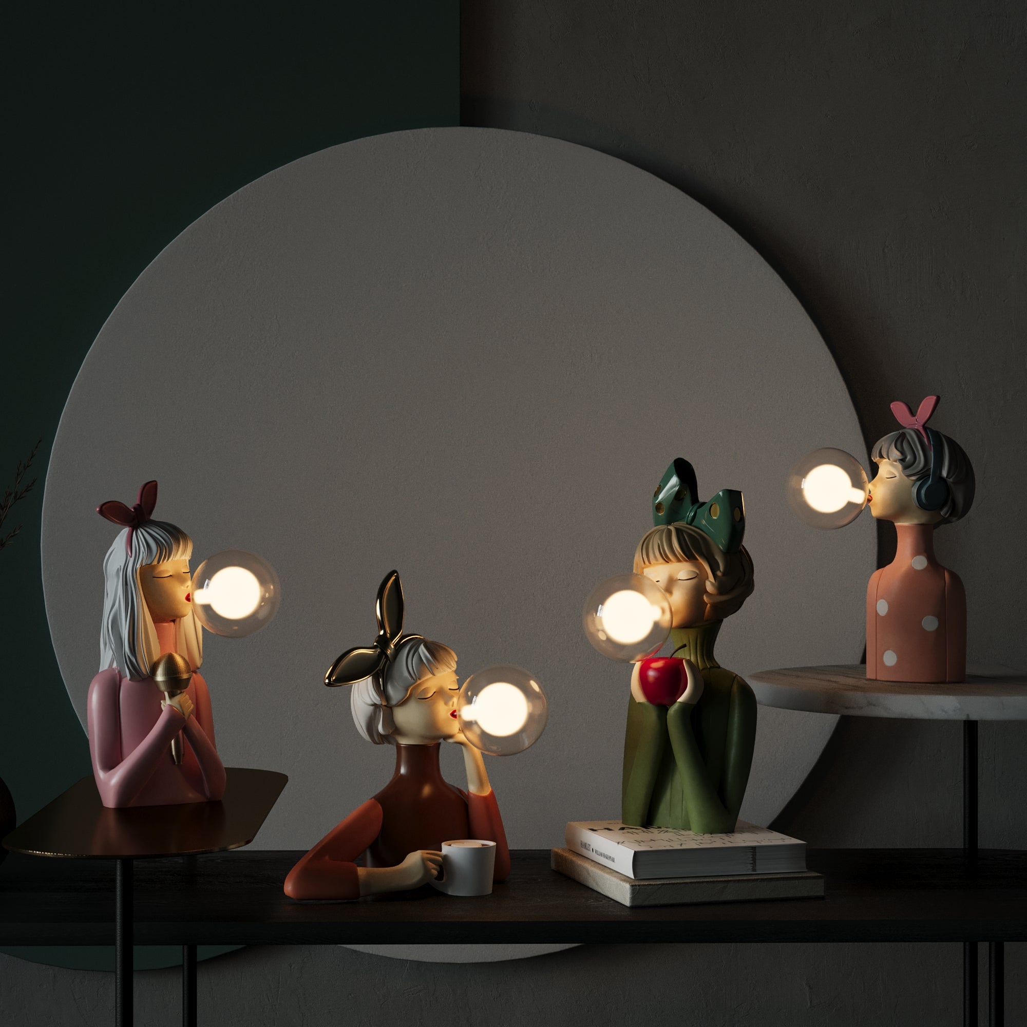 Wood & Glass Table Lamp with Fabric Shade