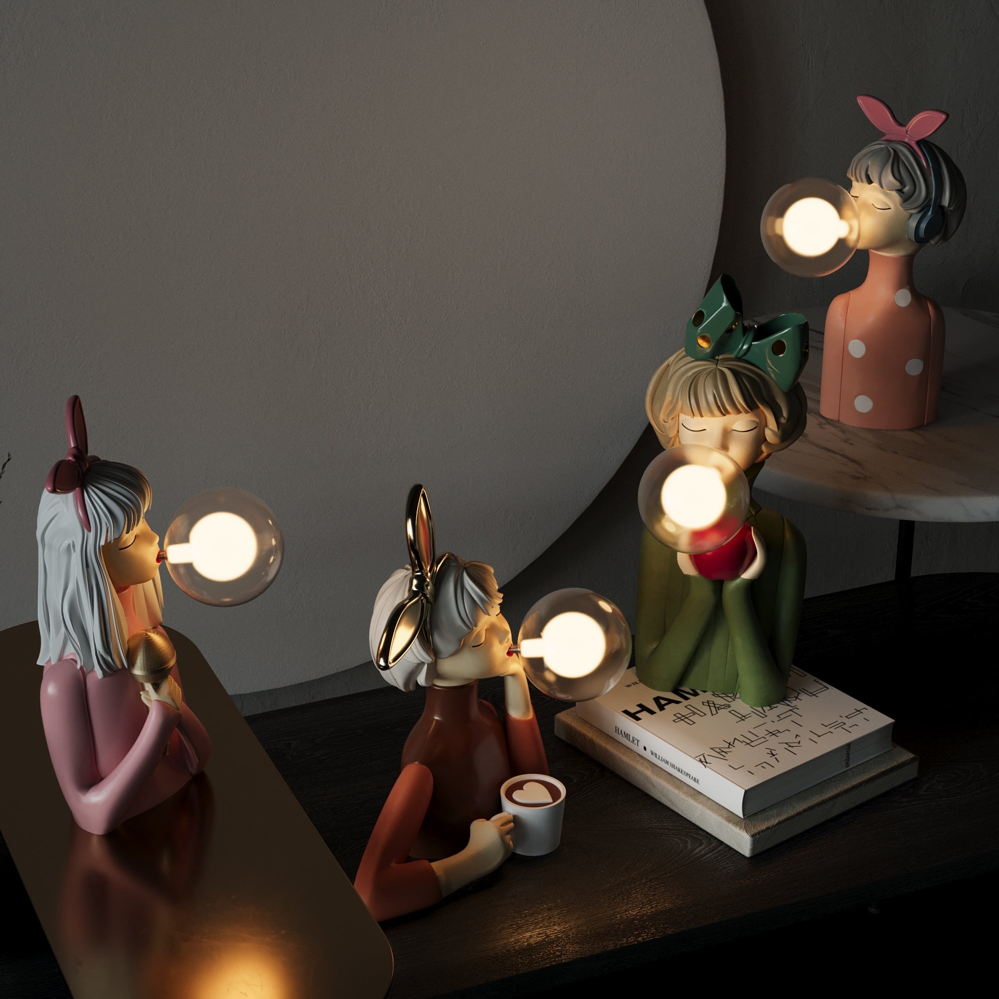 Wood & Glass Table Lamp with Fabric Shade
