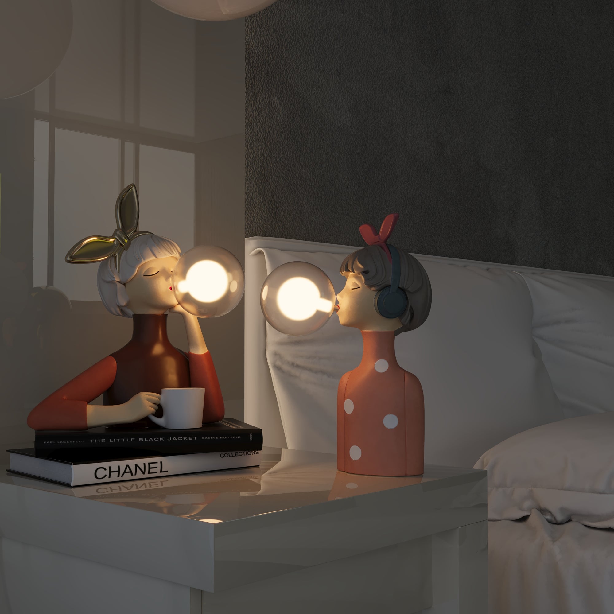 Wood & Glass Table Lamp with Fabric Shade