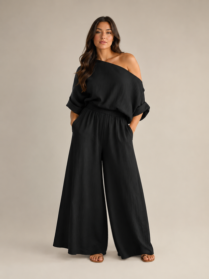 Usoa - Tweedelige one-shoulder set met wijde broek