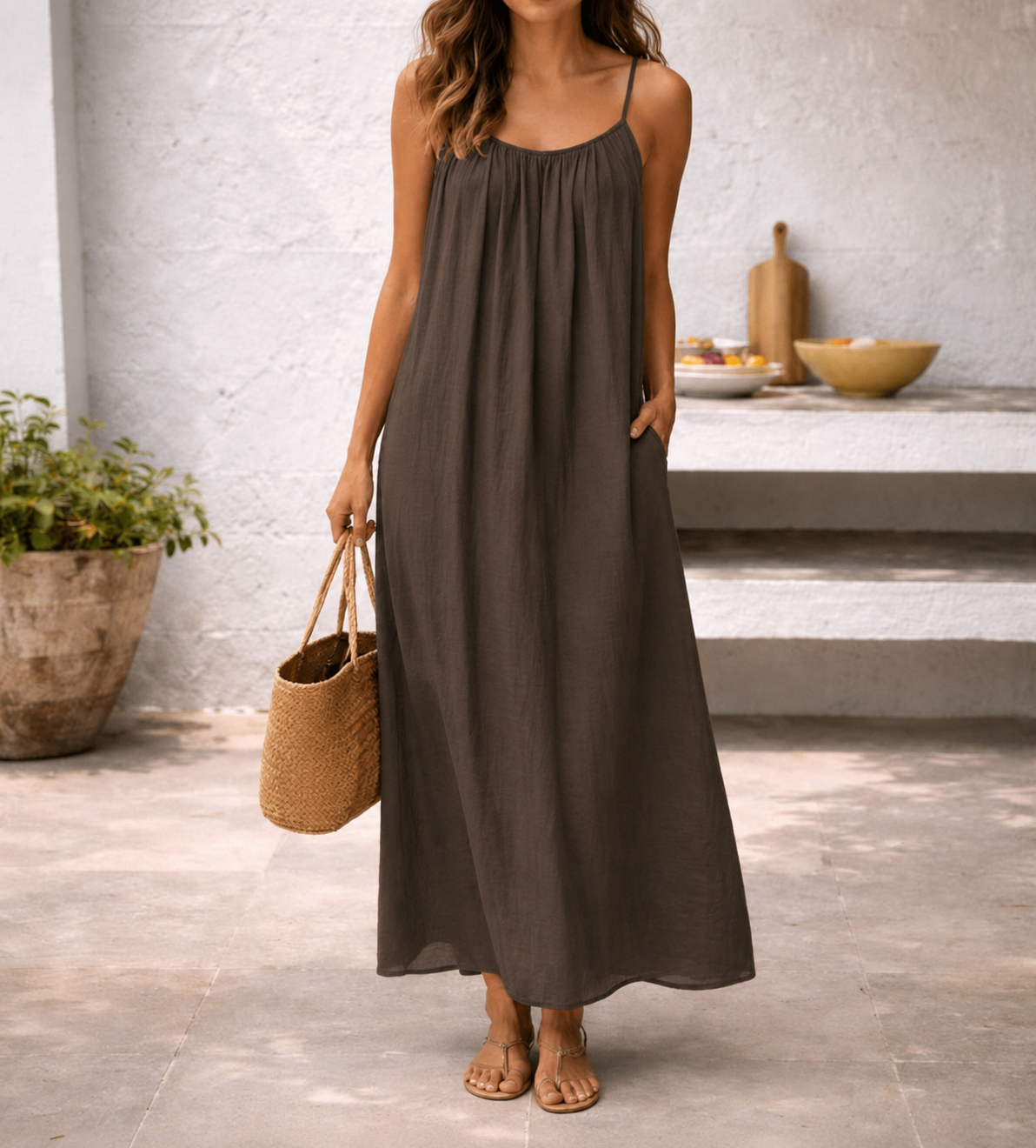 Sienna | Damen Trägerkleid Maxi Lang Leinen Sommer Strandkleid