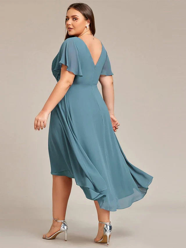 Plus Size Double V-Neck Chiffon Midi Wedding Guest Dress