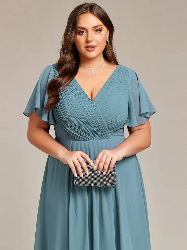 Plus Size Double V-Neck Chiffon Midi Wedding Guest Dress