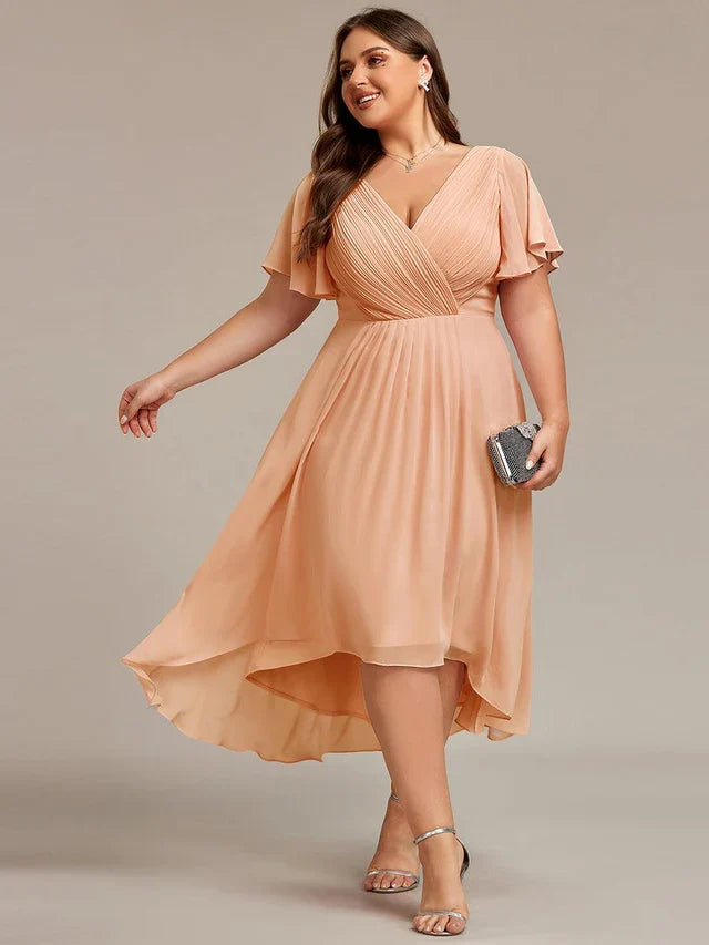 Plus Size Double V-Neck Chiffon Midi Wedding Guest Dress