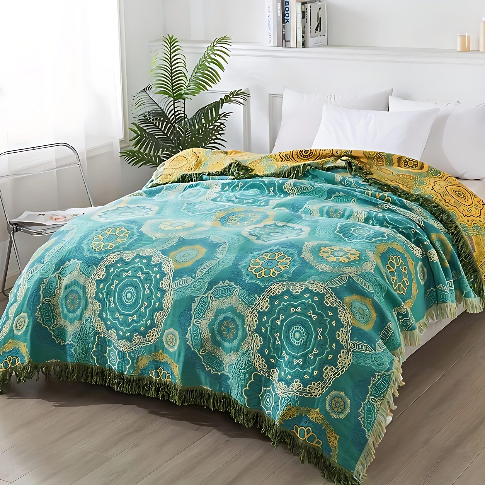 Boho Teal & Gold Cotton Blanket