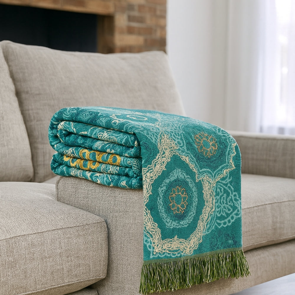 Boho Teal & Gold Cotton Blanket
