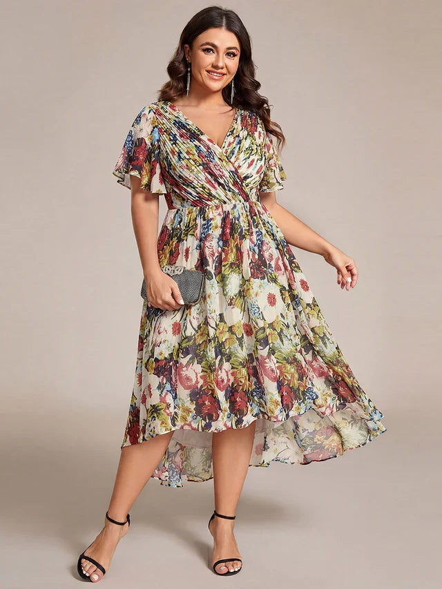Plus Size Double V-Neck Chiffon Midi Wedding Guest Dress
