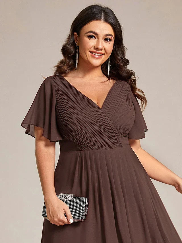 Plus Size Double V-Neck Chiffon Midi Wedding Guest Dress