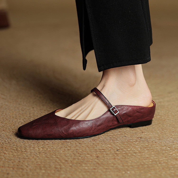 Nora | Damen Leder Mules Spitze Zehenpartie Mary Jane Riemchen Flats