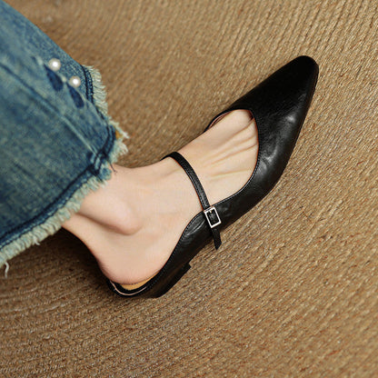 Nora | Damen Leder Mules Spitze Zehenpartie Mary Jane Riemchen Flats