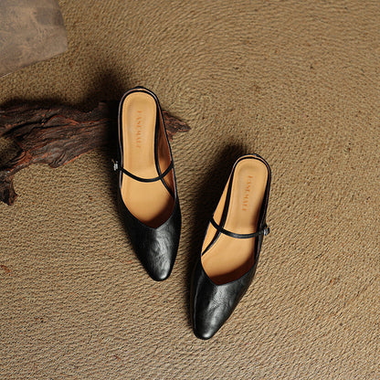 Nora | Damen Leder Mules Spitze Zehenpartie Mary Jane Riemchen Flats