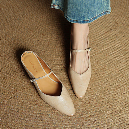 Nora | Damen Leder Mules Spitze Zehenpartie Mary Jane Riemchen Flats
