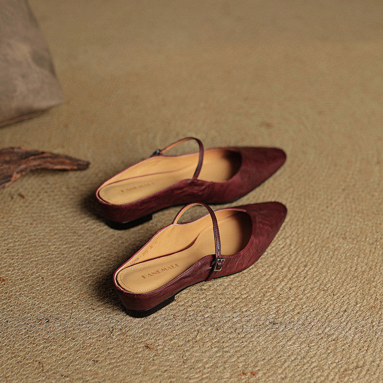 Nora | Damen Leder Mules Spitze Zehenpartie Mary Jane Riemchen Flats