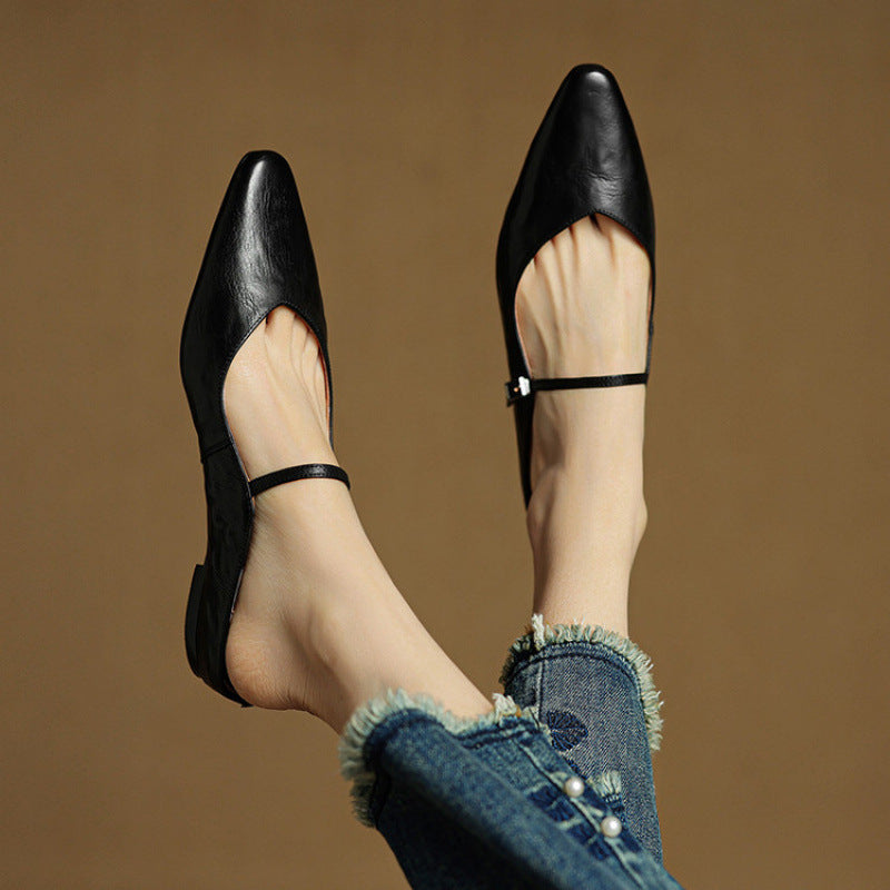 Nora | Damen Leder Mules Spitze Zehenpartie Mary Jane Riemchen Flats