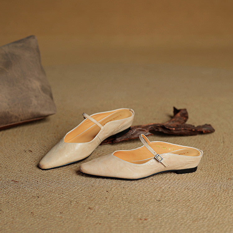 Nora | Damen Leder Mules Spitze Zehenpartie Mary Jane Riemchen Flats