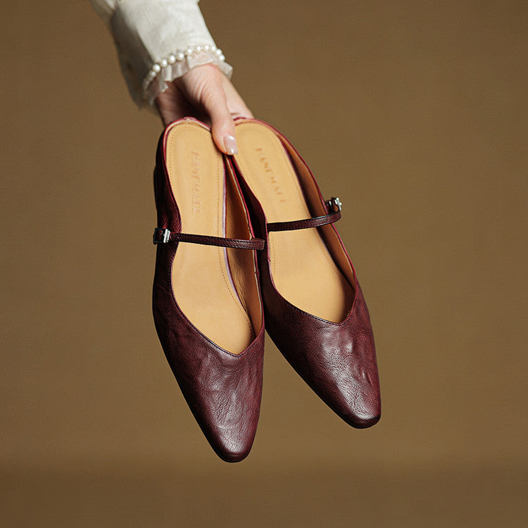 Nora | Damen Leder Mules Spitze Zehenpartie Mary Jane Riemchen Flats