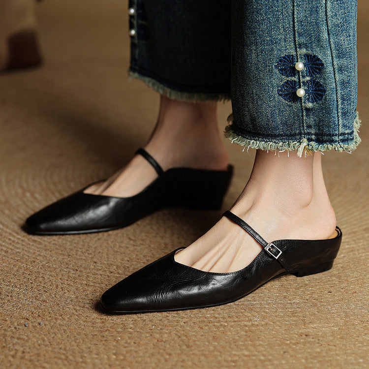 Nora | Damen Leder Mules Spitze Zehenpartie Mary Jane Riemchen Flats