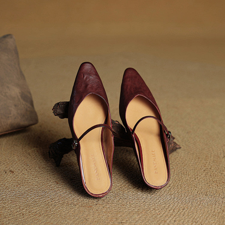 Nora | Damen Leder Mules Spitze Zehenpartie Mary Jane Riemchen Flats