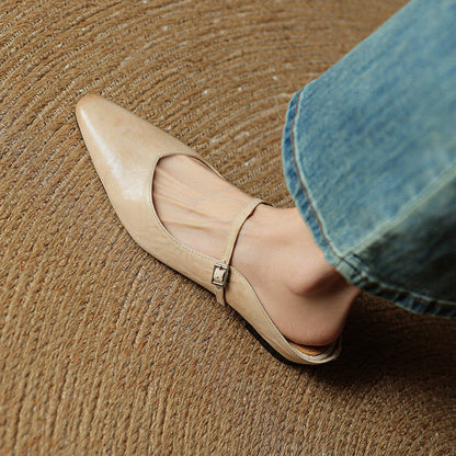Nora | Damen Leder Mules Spitze Zehenpartie Mary Jane Riemchen Flats