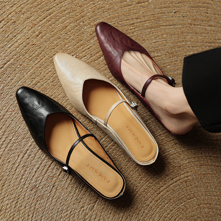 Nora | Damen Leder Mules Spitze Zehenpartie Mary Jane Riemchen Flats