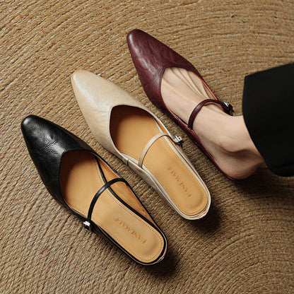 Nora | Damen Leder Mules Spitze Zehenpartie Mary Jane Riemchen Flats