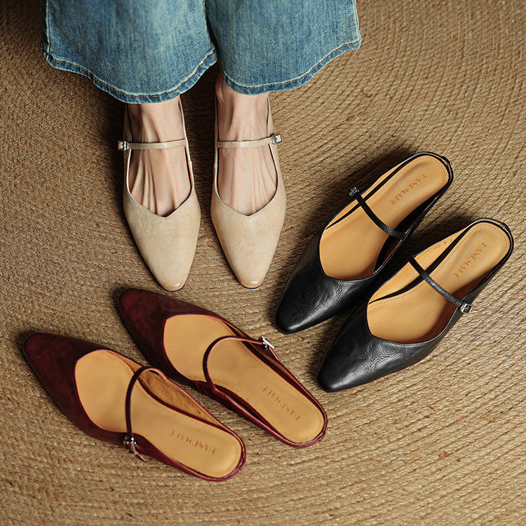 Nora | Damen Leder Mules Spitze Zehenpartie Mary Jane Riemchen Flats