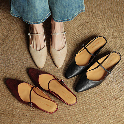 Nora | Damen Leder Mules Spitze Zehenpartie Mary Jane Riemchen Flats