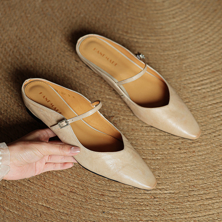 Nora | Damen Leder Mules Spitze Zehenpartie Mary Jane Riemchen Flats