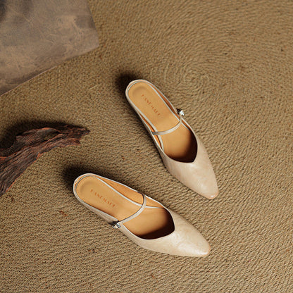 Nora | Damen Leder Mules Spitze Zehenpartie Mary Jane Riemchen Flats