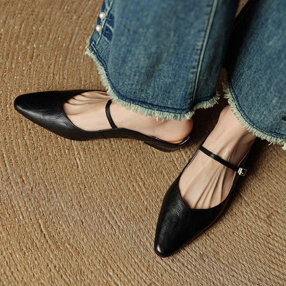 Nora | Damen Leder Mules Spitze Zehenpartie Mary Jane Riemchen Flats