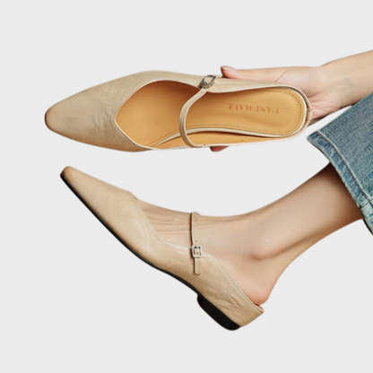 Nora | Damen Leder Mules Spitze Zehenpartie Mary Jane Riemchen Flats