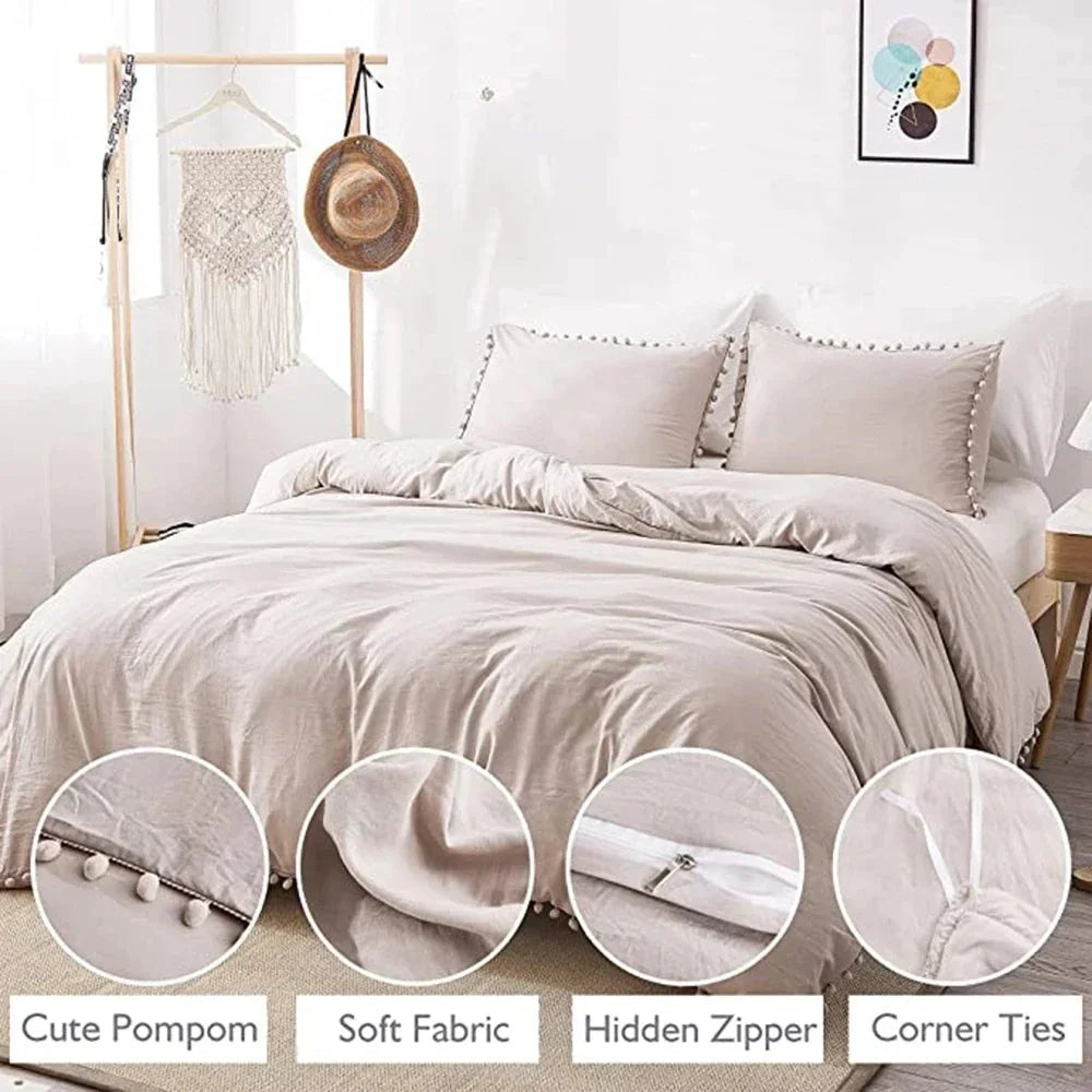 Pompom-Trim Quilt Cover Set