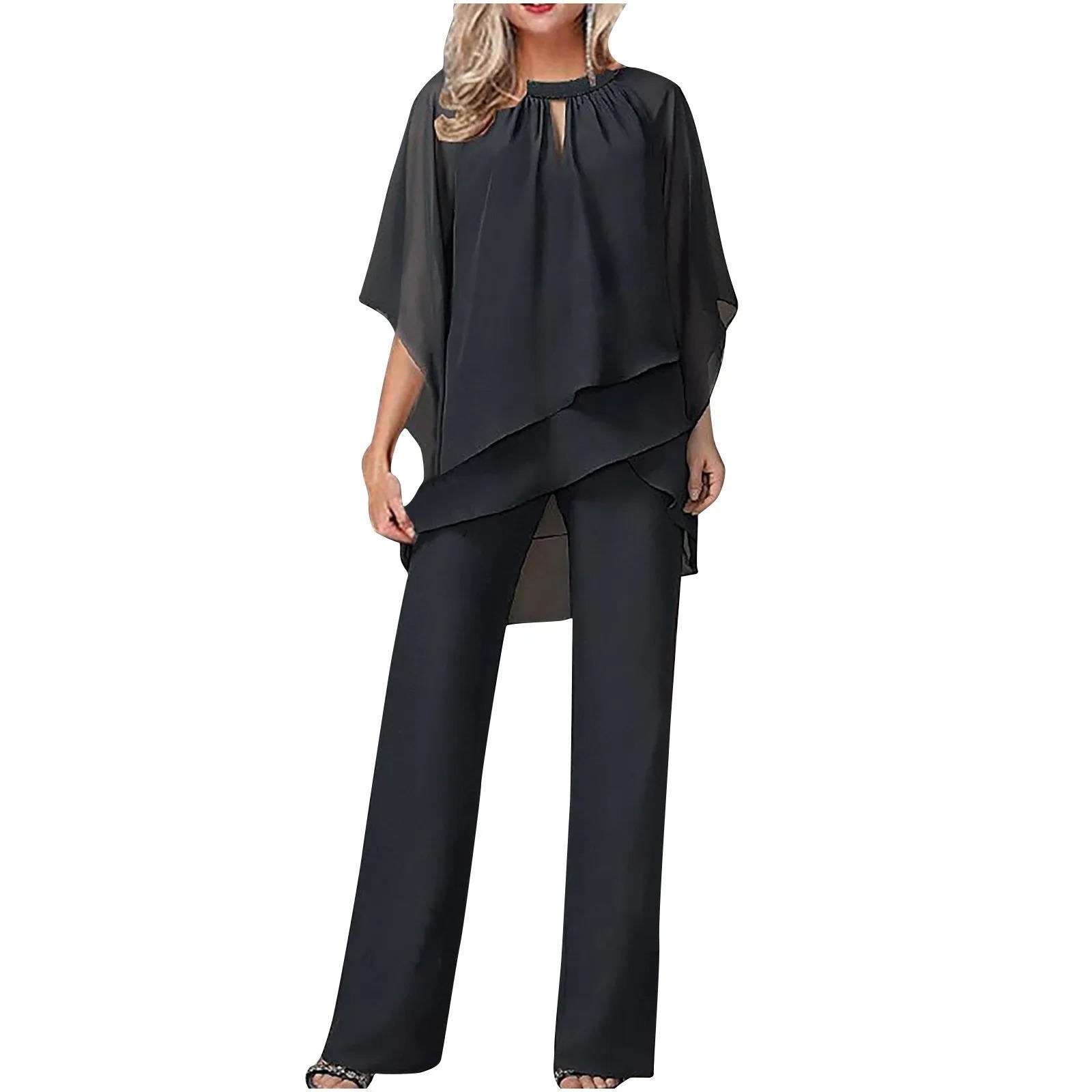 Sophia | Damen Chiffon Hosenanzug festlich, Fledermausärmel elegant