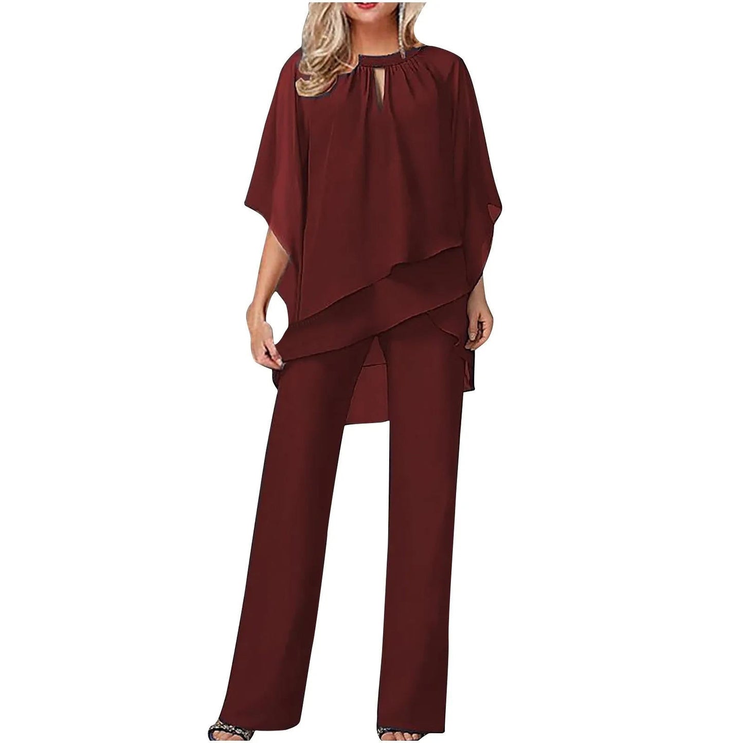 Sophia | Damen Chiffon Hosenanzug festlich, Fledermausärmel elegant